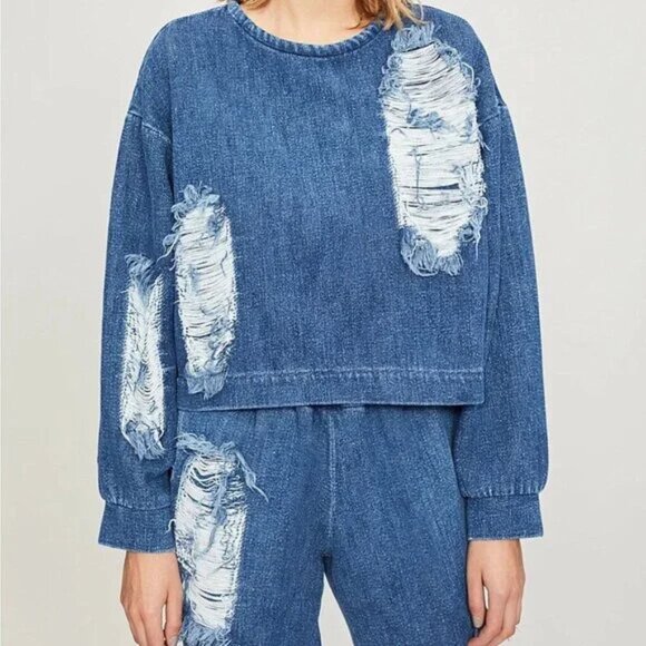 Designer Fall/Winter 2018 RTW Collection Distressed Denim Top/Sweater Blue Sz S - Picture 4 of 6